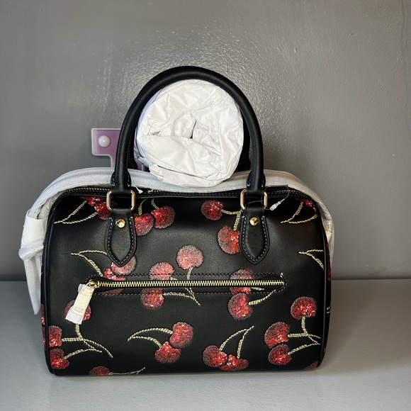 Coach Rowan Satchel Bag in Leather with Cherry Print Black Multi - Picture 4 of 10